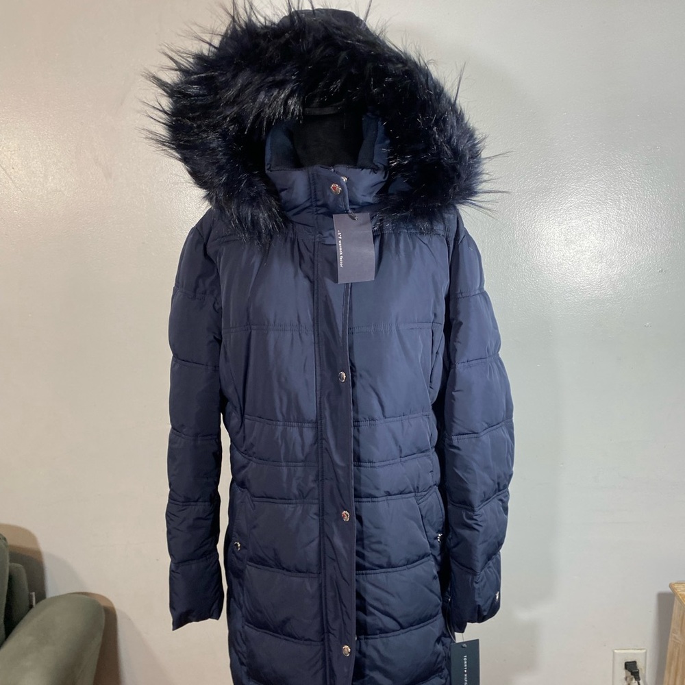 Tommy Hilfiger Women's Quilted Hooded Faux Fur Trim Puffer Jacket  Blue Size XL